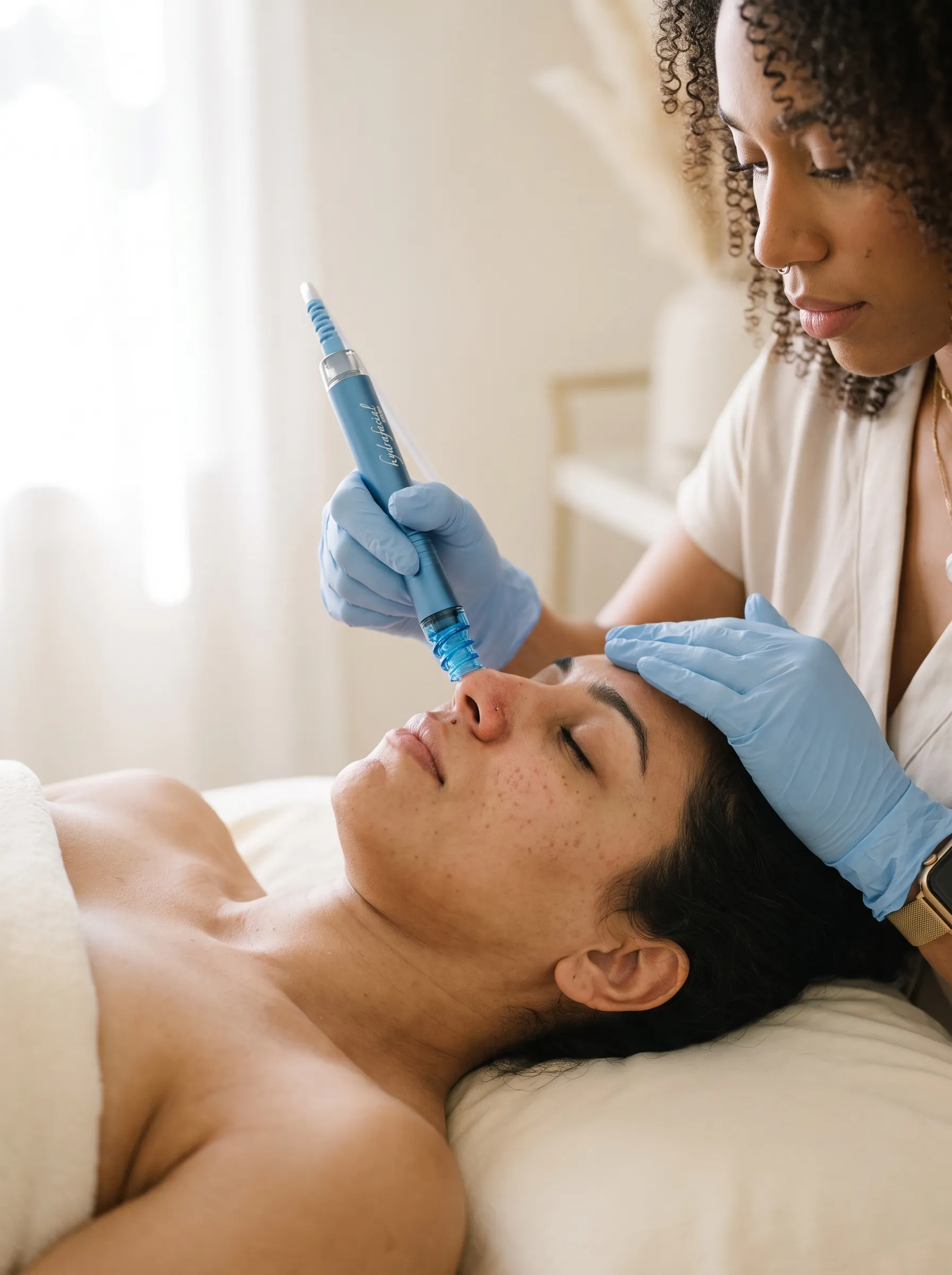 Acne treatment in progress at KIAMO Skin Mission Hills - licensed esthetician performing HydraFacial extraction for congested acne-prone skin