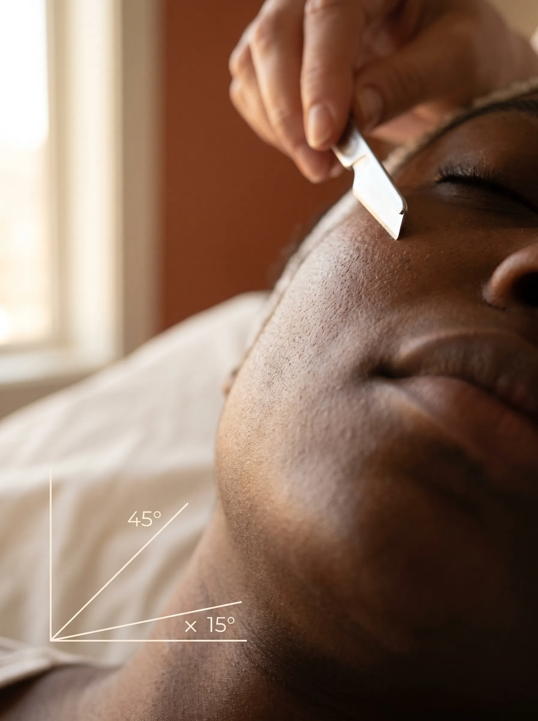 Dermaplaning blade held at 45 degrees above deep brown skin, with angle annotation