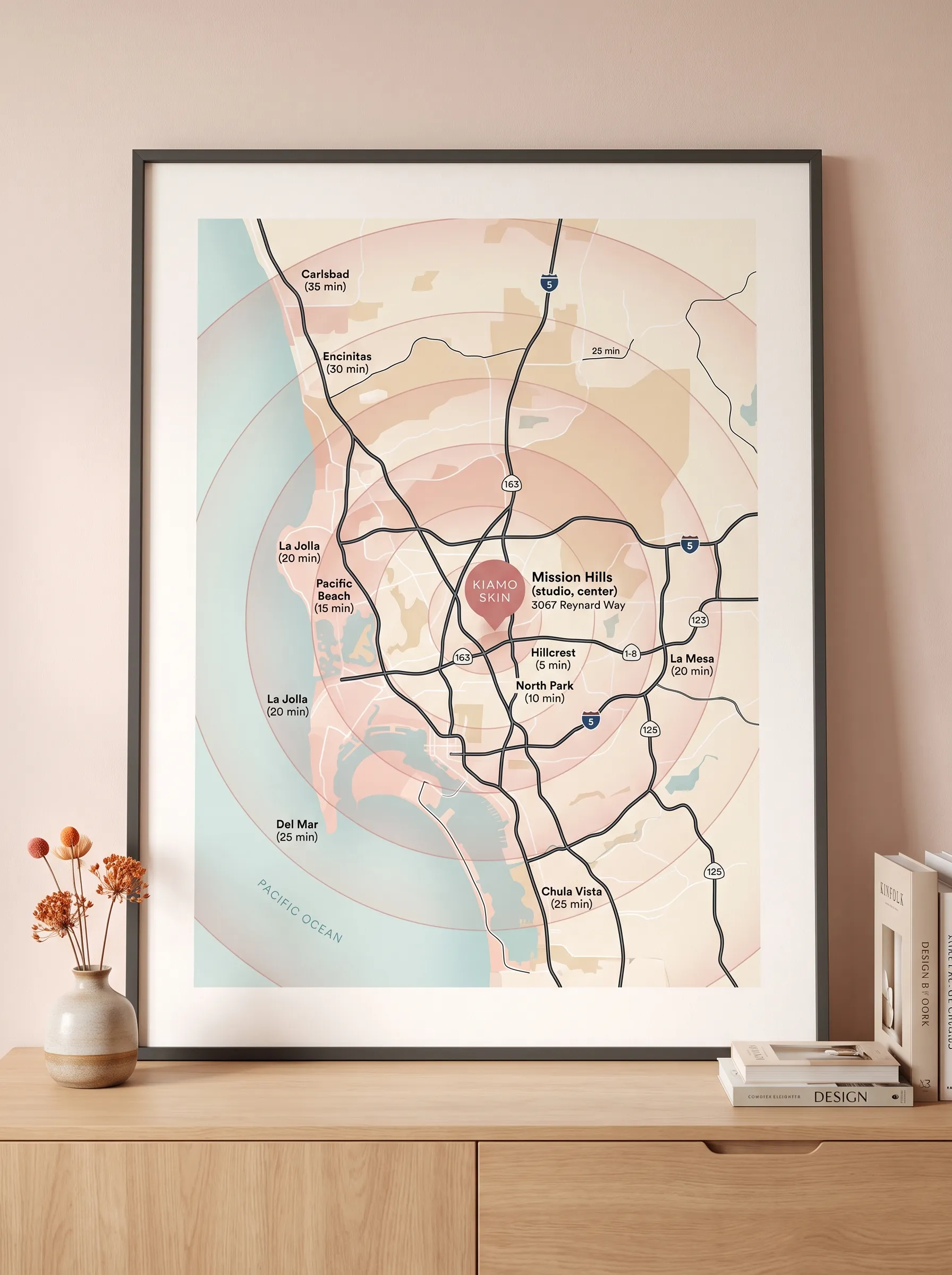 San Diego service area coverage map showing KIAMO Skin corrective facial services across 9 neighborhoods