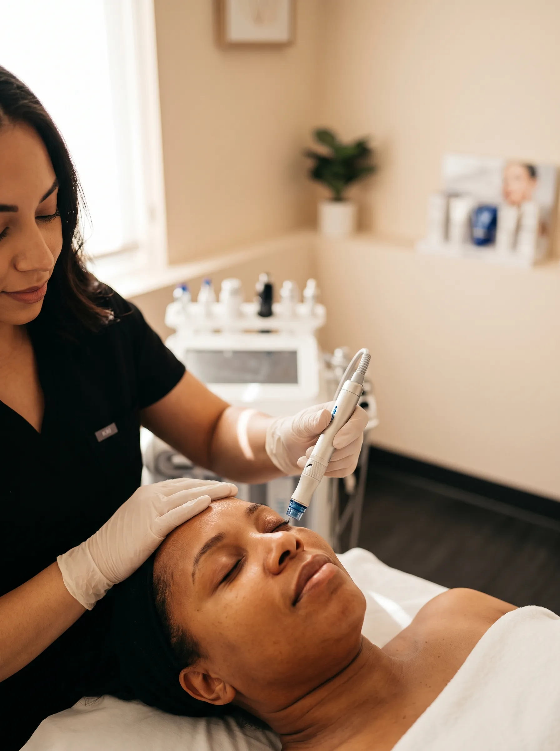 HydraFacial treatment in progress at KIAMO Skin Mission Hills serving Hillcrest San Diego clients - licensed esthetician performing medical-grade facial