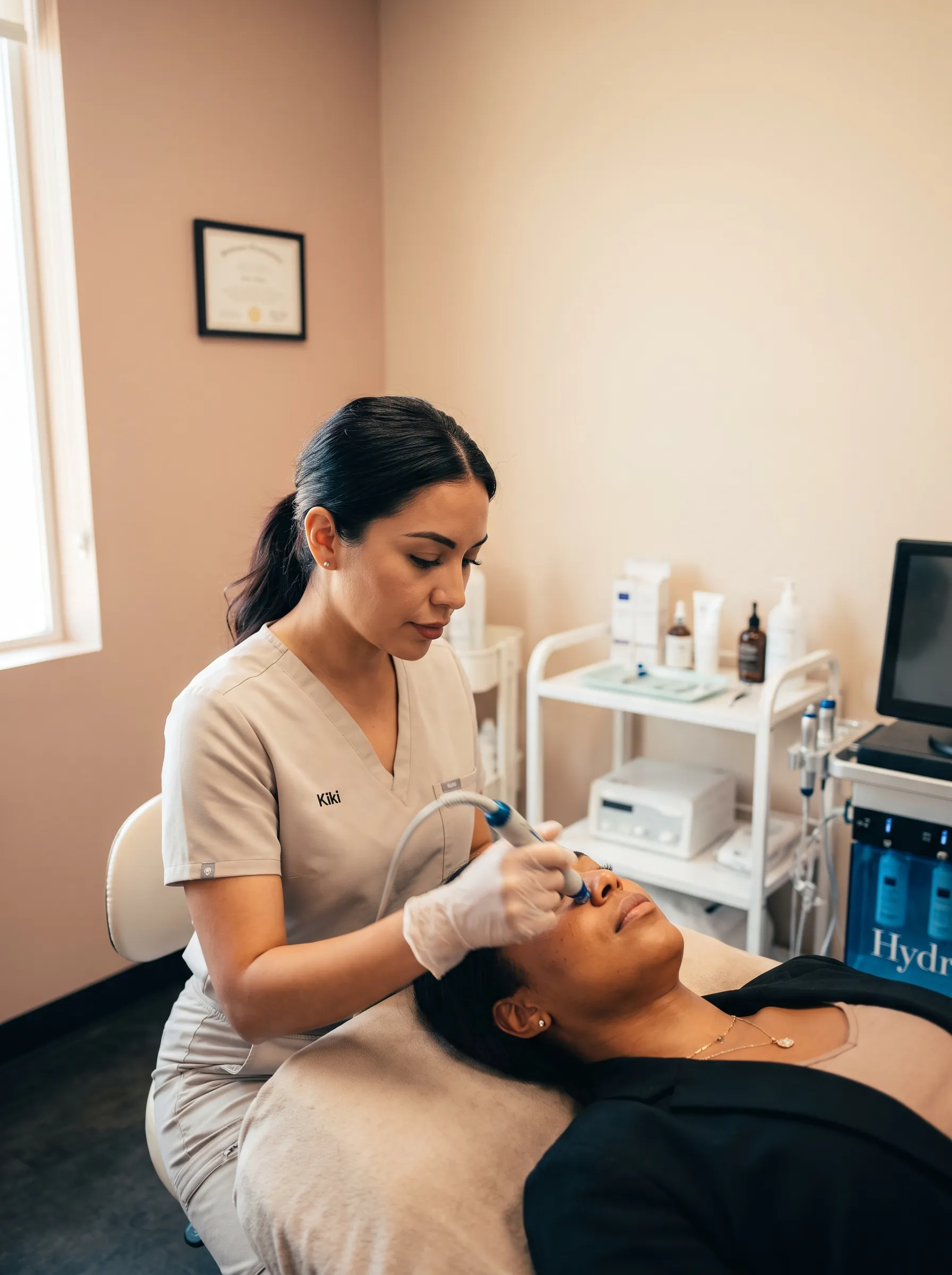 HydraFacial treatment in progress at KIAMO Skin Mission Hills serving Point Loma San Diego clients - licensed esthetician performing medical-grade facial