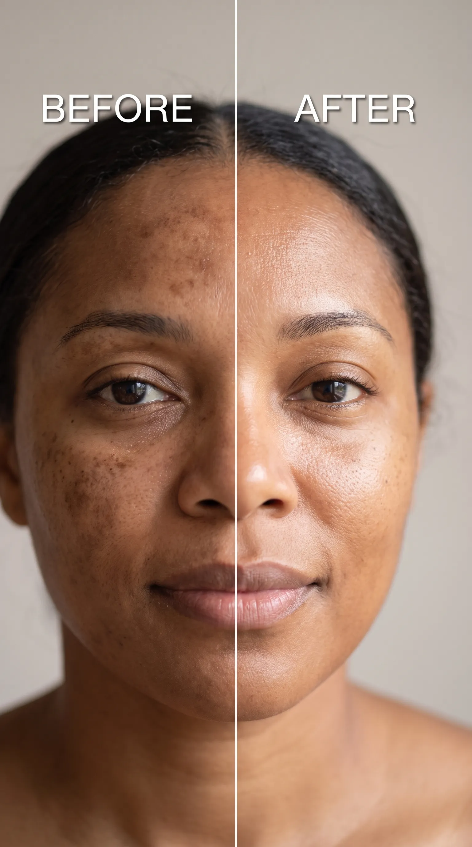 Before and after comparison showing hyperpigmentation treatment results on melanin-rich skin