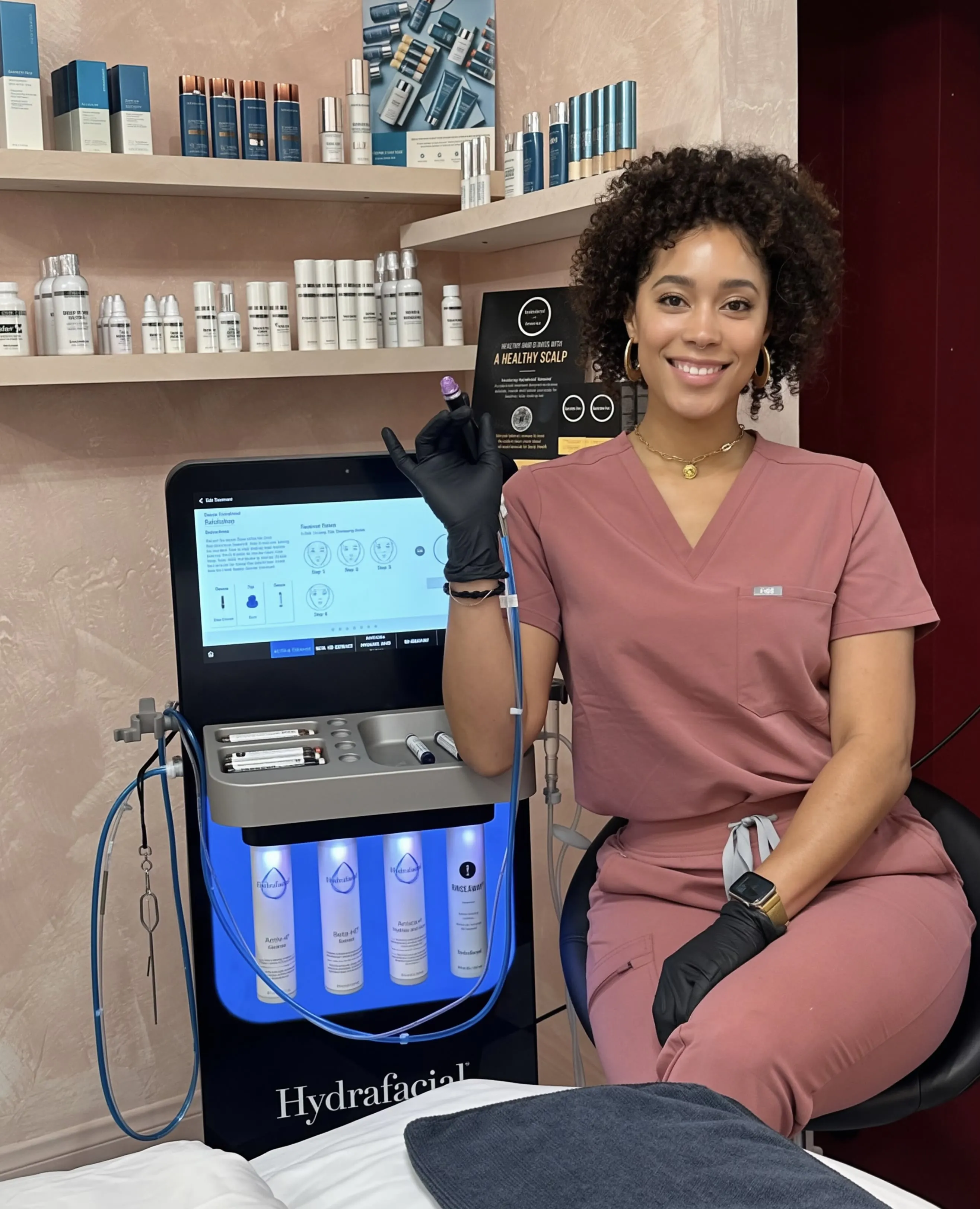 Kiki, licensed esthetician and owner of KIAMO Skin, beside the HydraFacial device in the treatment room